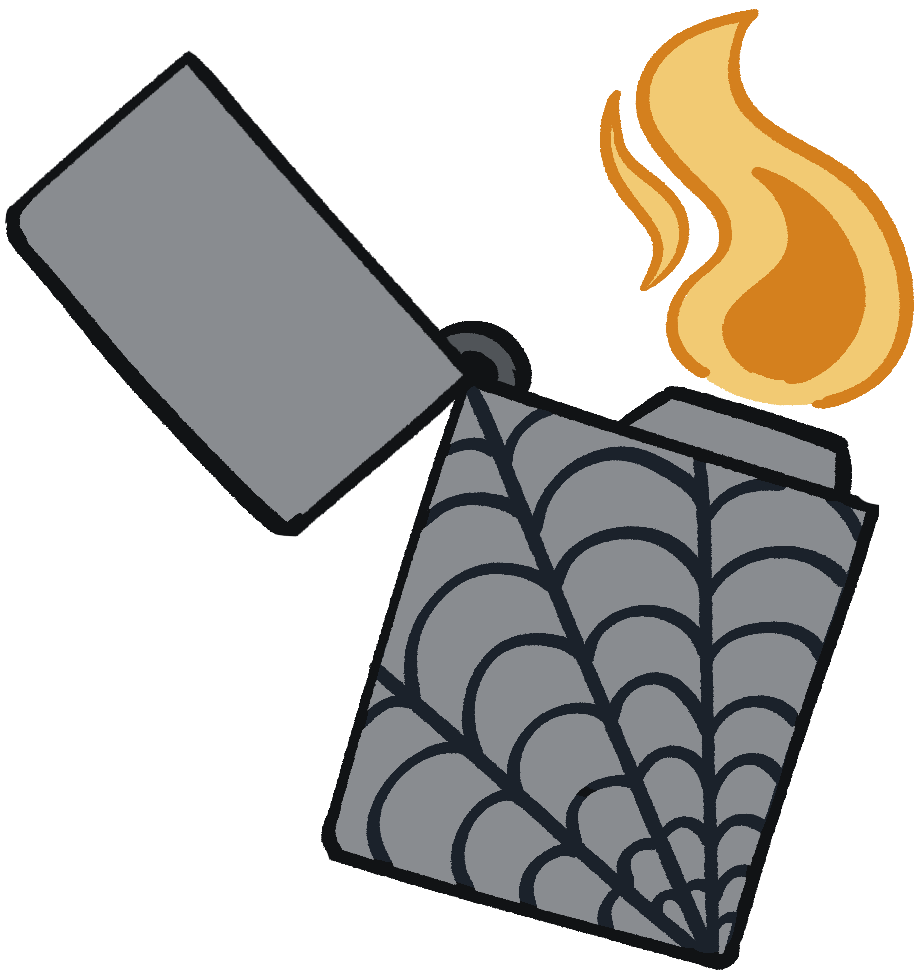 A grey lighter with a spiderweb design and a flame coming from it.